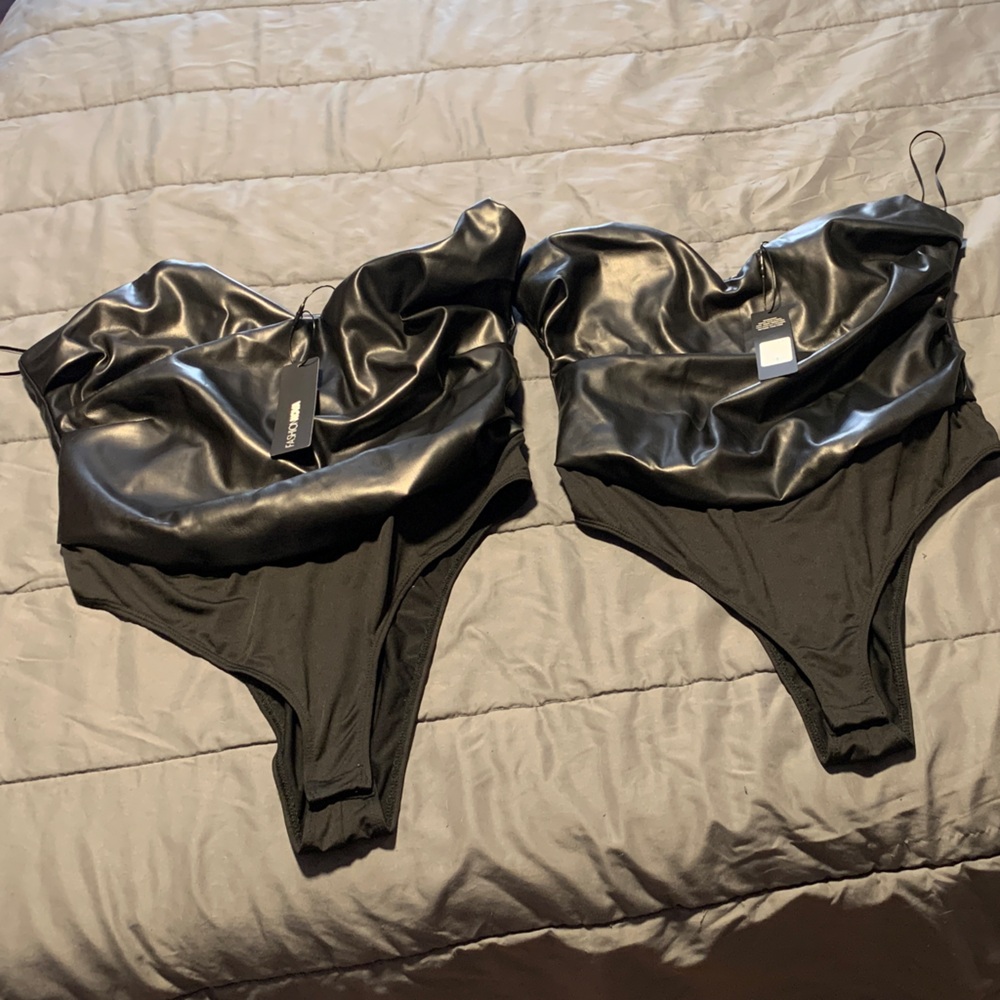 Fashion Nova Black Faux Leather Strapless Bodysuit